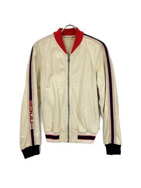 Gucci Beige Lambskin Back Logo Perforated Leather Jacket Bomber 44